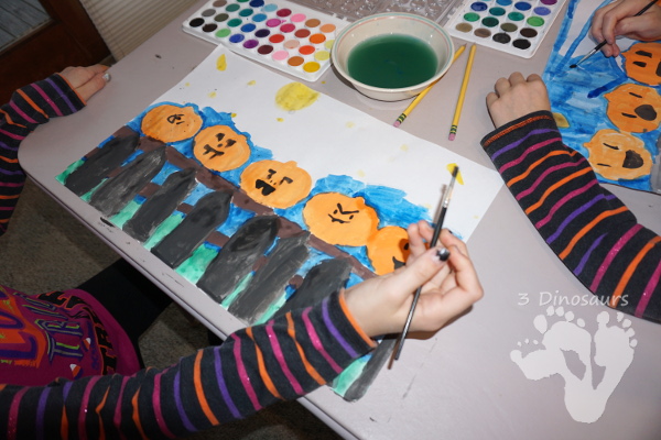 5 Pumpkins Sitting on a Gate Watercolor - a fun easy to do watercolor painting - 3Dinosaurs.com