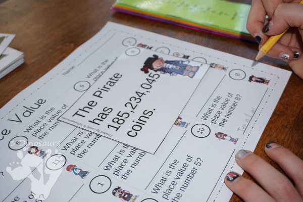 Free Pirate Themed Place Value Task Cards - 12 cards and one page to record answers - 3Dinosaurs.com