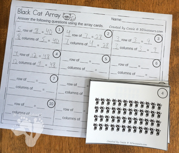 Free Black Cat Themed Array Cards with Matching Worksheets - 12 cards with 5 matching worksheets to use with them - 3Dinosaurs.com #arrays #mathforkids #thirdgrade #blackcatthemed #freeprintable #halloween