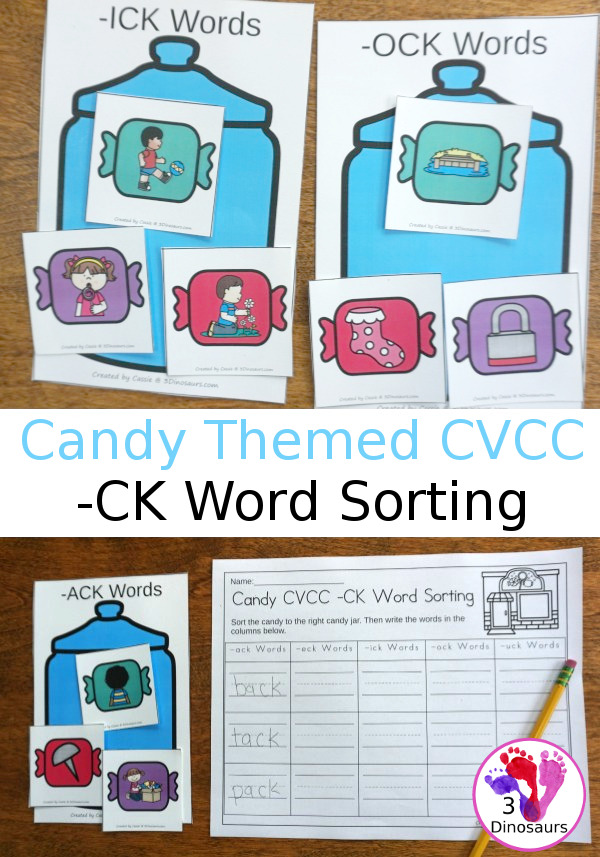 Hands-On Fun With Candy Themed CVCC -CK Word Sorting - 15 cards and 5 sorting mats with matching worksheet - 3Dinosaurs.com #freeprintable #cvcc #endingblends #learningtoread
