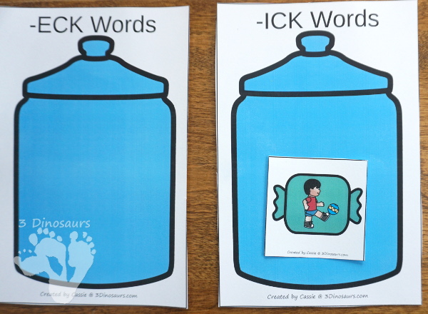 Hands-On Fun With Candy Themed CVCC -CK Word Sorting - 15 cards and 5 sorting mats with matching worksheet - 3Dinosaurs.com #freeprintable #cvcc #endingblends #learningtoread