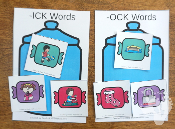 Hands-On Fun With Candy Themed CVCC -CK Word Sorting - 15 cards and 5 sorting mats with matching worksheet - 3Dinosaurs.com #freeprintable #cvcc #endingblends #learningtoread