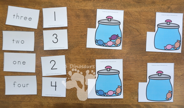 Free Hands-On Learning With Candy Number Puzzles - numbers 0 to 10 with number digit, number word, and matching candy in a jar - 3Dinosaurs.com #freeprintable #numbers #kindergarten #prek