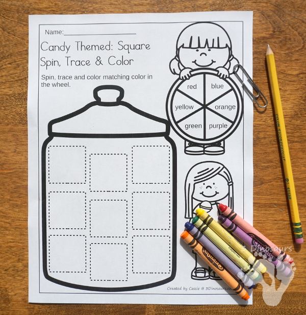 Free Candy Shape Spin, Trace & Color - with 8 shapes in the jars in a no-prep printable for kids. - 3Dinosaurs.com #freeprintable #finemotor #shapes #preschool #kinder