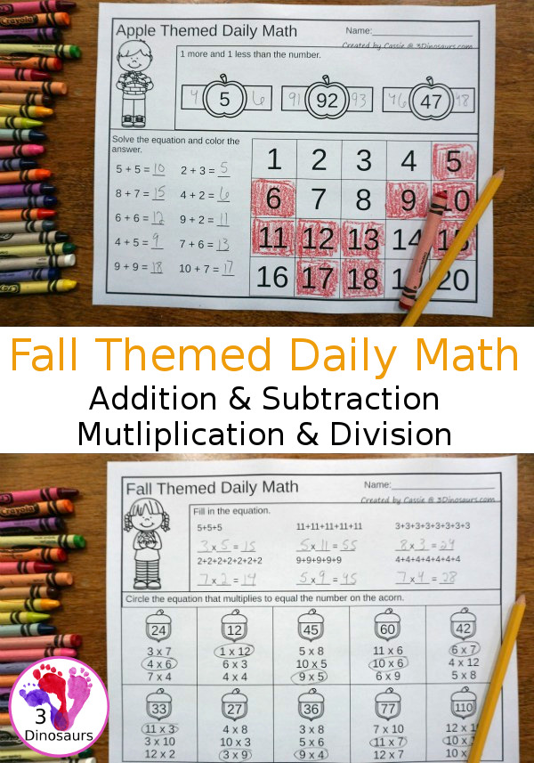 No Prep Fall Themed Addition & Subtraction and Multiplication & Division - 30 pages no-prep printables with a mix of addition and subtraction or multiplication and division activities plus a math center activities with three fall themes: general fall, apples and pumpkins - 3Dinosaurs.com #noprepmath #tpt #addition #subtraction #multiplication #division #fallforkids #pumpkins #apples #fall