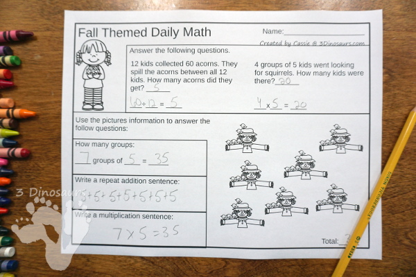 No Prep Fall Themed Addition & Subtraction and Multiplication & Division - 30 pages no-prep printables with a mix of addition and subtraction or multiplication and division activities plus a math center activities with three fall themes: general fall, apples and pumpkins - 3Dinosaurs.com #noprepmath #tpt #addition #subtraction #multiplication #division #fallforkids #pumpkins #apples #fall