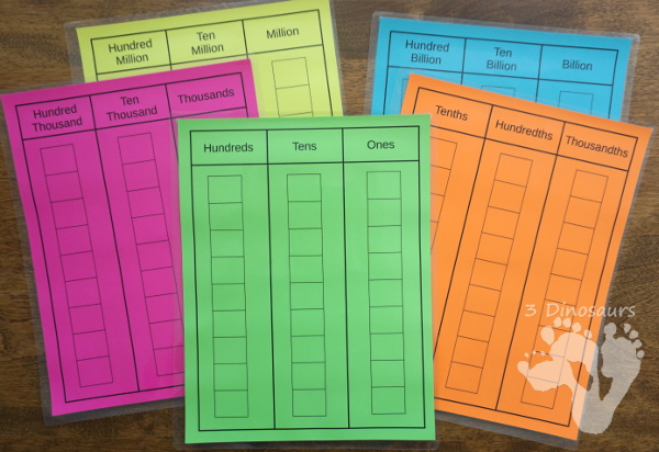 Free Place Value Mats & Cards - charts and cards for place value from ones to billions with tenths, hundredths and thousandths for decimals - 3Dinosaurs.com #freeprintable #handsonmath #mathprintables #firstgrade #secondgrade #thirdgrade #fourthgrade