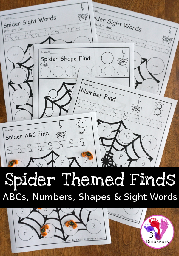 Spider Themed Finds: ABC, Numbers, Shapes & Sight Words - 3Dinosaurs.com #abcs #print #learningtoread #abcs #numbers #shape #spidertheme #halloween