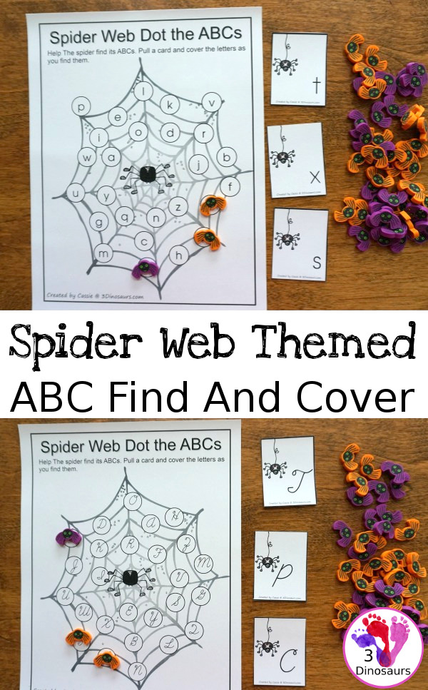 Free ABC Find and Cover Spider Webs: Print & Cursive - 4 find matches in print and cursive in uppercase and lowercase letters with matching cards for all the mats - 3Dinosaurs.com #abcs #print #cursive #kindergarten #thirdgrade #spidertheme #freeprintable #halloween