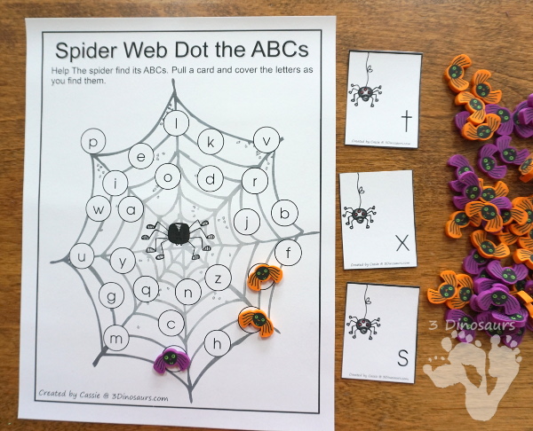 Free ABC Find and Cover Spider Webs: Print & Cursive - 4 find matches in print and cursive in uppercase and lowercase letters with matching cards for all the mats - 3Dinosaurs.com #abcs #print #cursive #kindergarten #thirdgrade #spidertheme #freeprintable #halloween