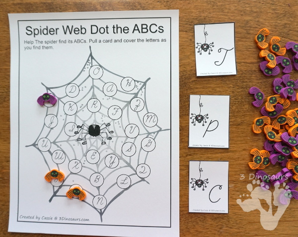 Free ABC Find and Cover Spider Webs: Print & Cursive - 4 find matches in print and cursive in uppercase and lowercase letters with matching cards for all the mats - 3Dinosaurs.com #abcs #print #cursive #kindergarten #thirdgrade #spidertheme #freeprintable #halloween