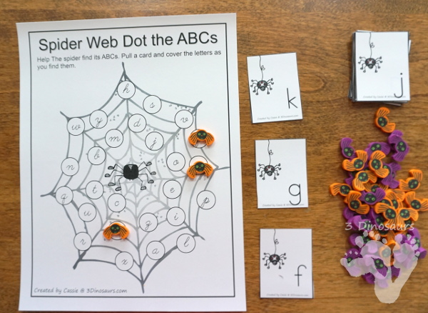 Free ABC Find and Cover Spider Webs: Print & Cursive - 4 find matches in print and cursive in uppercase and lowercase letters with matching cards for all the mats - 3Dinosaurs.com #abcs #print #cursive #kindergarten #thirdgrade #spidertheme #freeprintable #halloween
