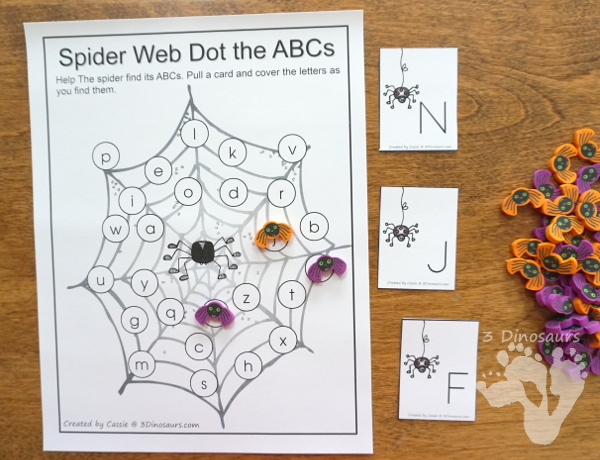 Free ABC Find and Cover Spider Webs: Print & Cursive - 4 find matchs in print and cursive in uppercase and lowercase leters with matching cards for all the mats - 3Dinosaurs.com #abcs #print #cursive #kindergarten #thirdgrade #spidertheme #freeprintable #halloween