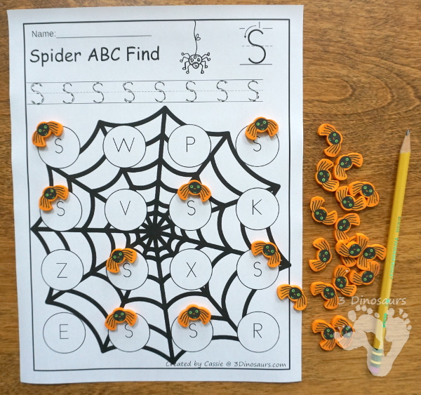 Free ABC Find and Cover Spider Webs: Print & Cursive - 4 find matches in print and cursive in uppercase and lowercase letters with matching cards for all the mats - 3Dinosaurs.com #abcs #print #cursive #kindergarten #thirdgrade #spidertheme #freeprintable #halloween