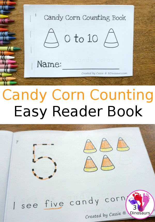 Free Candy Corn Counting Easy Reader Book - 2 sets of cards with a recording sheet and sorting mat for hands-on learning - 3Dinosaurs.com #printablesforkids  #freeprintable #3dinosaurs #easyreaderbook #3dinosaurs #kindergarten 