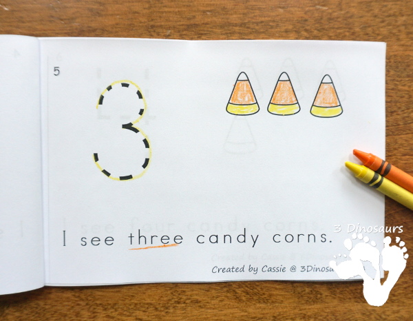 Free Candy Corn Counting Easy Reader Book - 2 sets of cards with a recording sheet and sorting mat for hands-on learning - 3Dinosaurs.com #printablesforkids  #freeprintable #3dinosaurs #easyreaderbook #3dinosaurs #kindergarten 