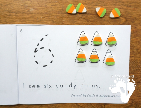 Free Candy Corn Counting Easy Reader Book - 2 sets of cards with a recording sheet and sorting mat for hands-on learning - 3Dinosaurs.com #printablesforkids  #freeprintable #3dinosaurs #easyreaderbook #3dinosaurs #kindergarten 