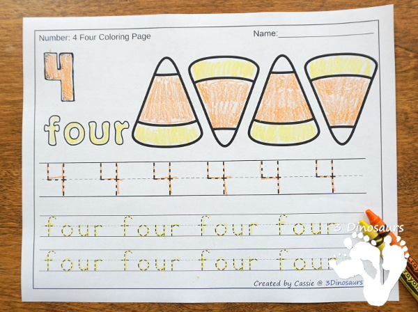 Candy Corn Number color and trace - 3Dinosaurs.com #printablesforkids  #freeprintable #3dinosaurs #easyreaderbook #3dinosaurs #kindergarten 