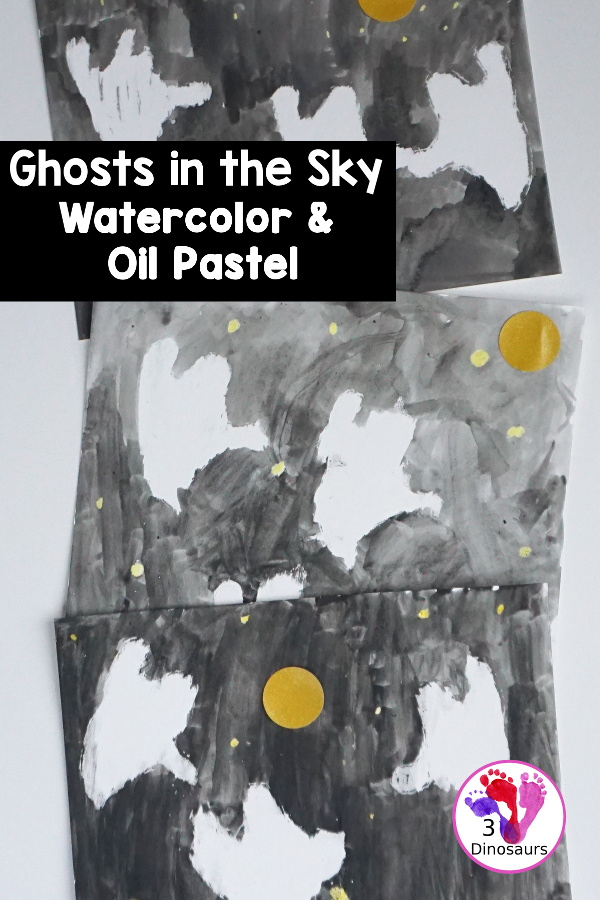 Ghosts in the Sky Oil Pastel & Watercolor - a fun Halloween watercolor and oil pastels for an easy painting activity. - 3Dinosaurs.com