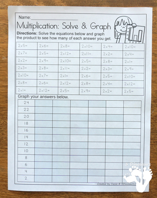 No-Prep Math: Multiplication Solve and Graph - work on multiplication 1 to 12 with 2 worksheets for each number with graphing answer key - 3Dinosaurs.com