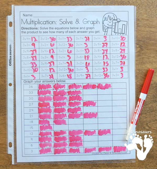 No-Prep Math: Multiplication Solve and Graph - work on multiplication 1 to 12 with 2 worksheets for each number with graphing answer key - 3Dinosaurs.com