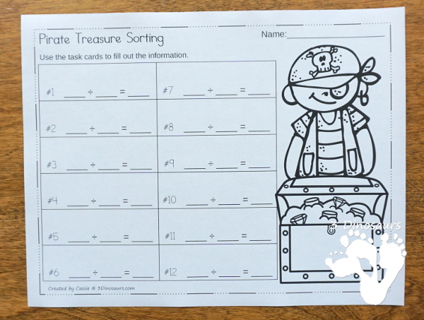 Free Pirate Treasure Division Sorting Task Cards - 2 sets of cards with a recording sheet and sorting mat for hands-on learning - 3Dinosaurs.com #printablesforkids  #freeprintable #3dinosaurs #piratesforkids #division #magictreehouse