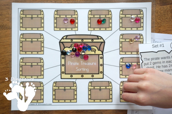 Free Pirate Treasure Division Sorting Task Cards - 2 sets of cards with a recording sheet and sorting mat for hands-on learning - 3Dinosaurs.com #printablesforkids  #freeprintable #3dinosaurs #piratesforkids #division #magictreehouse