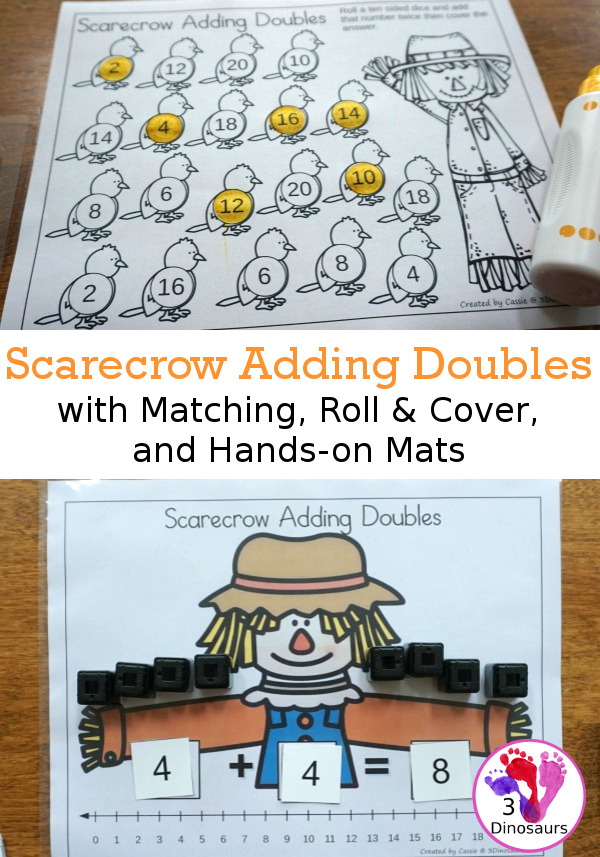 Free Scarecrow Adding Doubles Mini Set - fun way to work on adding doubles from 1 to 10 with a mix of matching cards, no-prep cover mats and hands-on adding mat for first grade - 3Dinosaurs.com