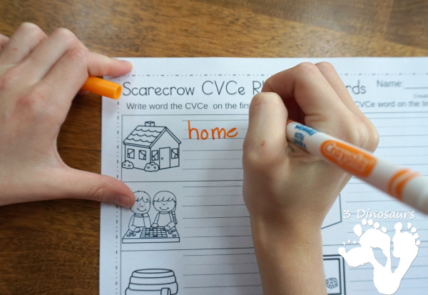 Free Scarecrow CVCe No-Prep Worksheet - 2 no-prep printable worksheets that working figuring out the CVCe word and then writing a rhyming word - 3Dinosaurs.com