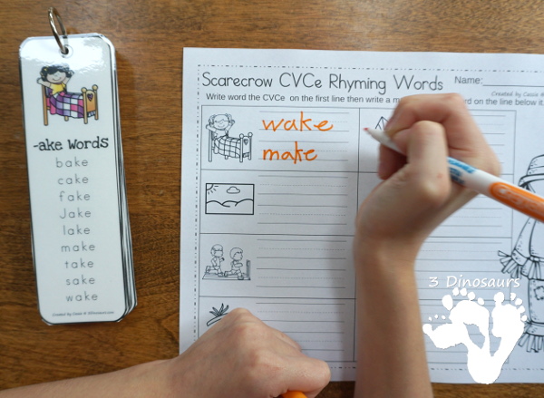 Free Scarecrow CVCe No-Prep Worksheet - 2 no-prep printable worksheets that working figuring out the CVCe word and then writing a rhyming word - 3Dinosaurs.com