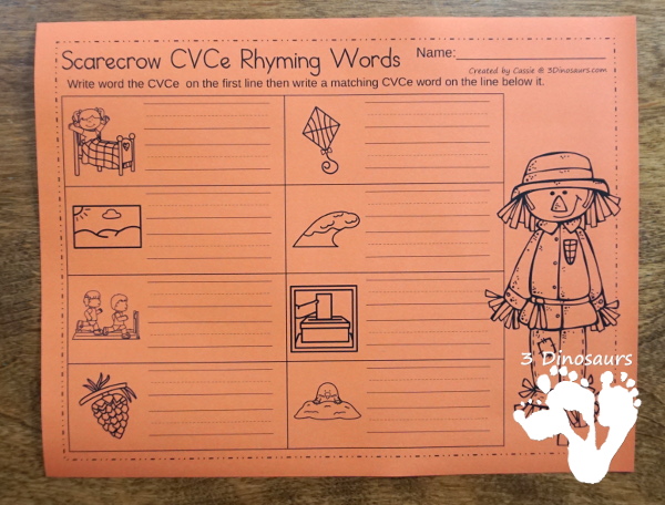 Free Scarecrow CVCe No-Prep Worksheet - 2 no-prep printable worksheets that working figuring out the CVCe word and then writing a rhyming word - 3Dinosaurs.com