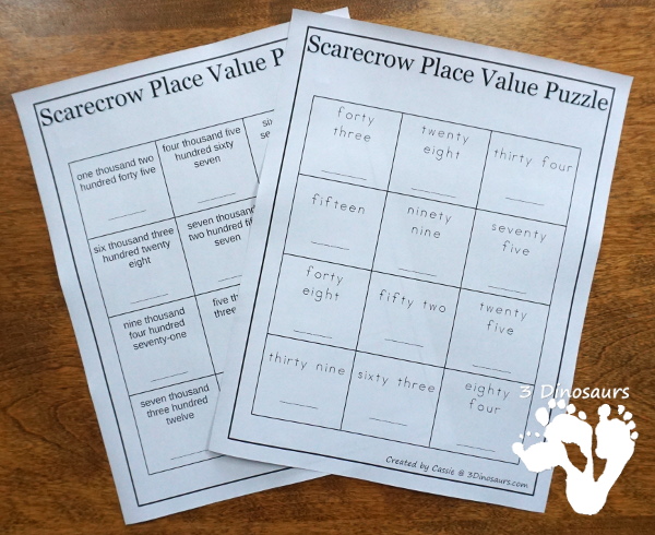Free Scarecrow Place Value Puzzles - fun puzzles to work on place value with two options of tens and ones or thousand, hundreds, tens and ones with recording sheets, and puzzle mat - 3Dinosaurs.com