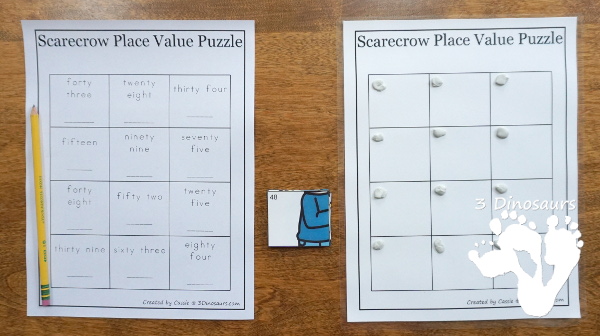 Free Scarecrow Place Value Puzzles - fun puzzles to work on place value with two options of tens and ones or thousand, hundreds, tens and ones with recording sheets, and puzzle mat - 3Dinosaurs.com