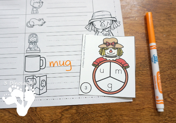 Free Scarecrow Theme CVC Unscramble the Word - 2 sets of tack cards with matching recording sheets to use with this fun fall theme of scarecrows - 3Dinosaurs.com