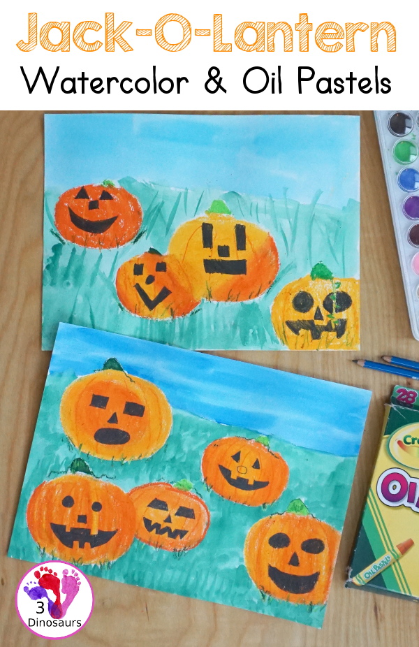 Jack-O-Lantern Patch Oil Pastel and Watercolor - a fun mixed art project for kids to do for Halloween! - 3Dinosaurs.com