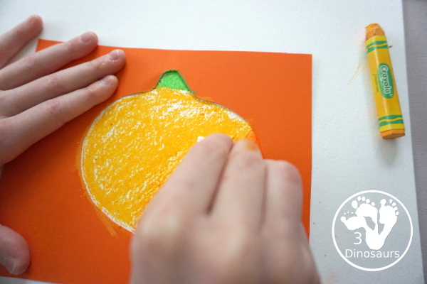 Jack-O-Lantern Patch Oil Pastel and Watercolor - a fun mixed art project for kids to do for Halloween! - 3Dinosaurs.com