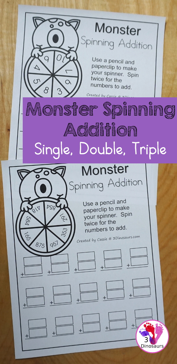 Free Monster Spinning Addition - Easy No-Prep Printable - 3 levels of addition with single digit, double digit and triple digit for kids to work on addition with and without regrouping - 3Dinosaurs.com