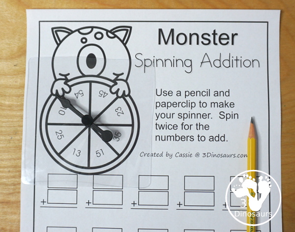 Free Monster Spinning Addition - Easy No-Prep Printable - 3 levels of addition with single digit, double digit and triple digit for kids to work on addition with and without regrouping - 3Dinosaurs.com