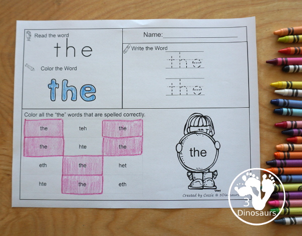 Romping & Roaring Preprimer Sight Words - review page with read, coloring, tracing and finding the correct spelling - 3Dinosaurs.com