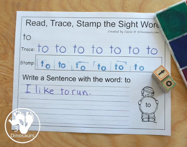 Romping & Roaring Preprimer Sight Words - review page with read, coloring, tracing and finding the correct spelling - 3Dinosaurs.com