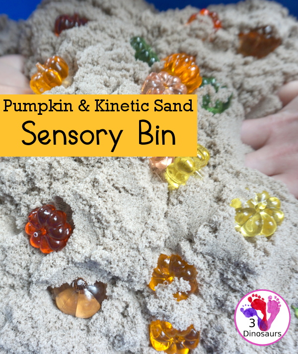 Pumpkin & Kinetic Sand Sensory Bin - a simple and easy fall sensory bin with pumpkins and kinetic sand for kids to play in. - 3Dinosaurs.com