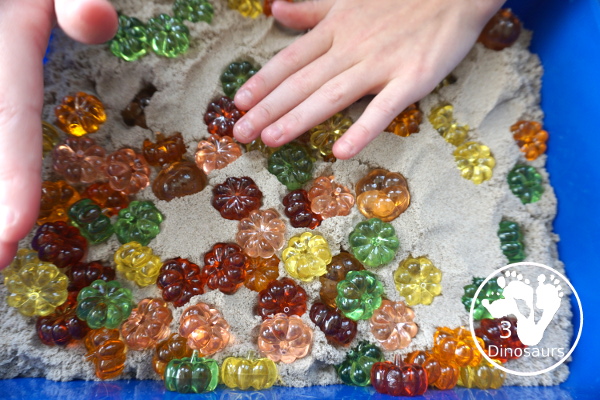 Pumpkin & Kinetic Sand Sensory Bin - a simple and easy fall sensory bin with pumpkins and kinetic sand for kids to play in. - 3Dinosaurs.com