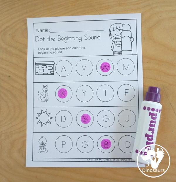 Alphabet Dot the Beginning Sound Worksheet - with 24 pages of printables working on finding the letter that matches the beginning sound of the picture - 3Dinosaurs.com