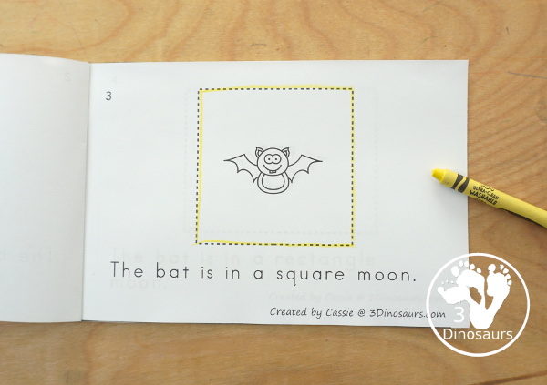 Free Bat & Moon Shape Easy Reader Book - a simple 10 page shape book with 9 shapes for kids to learn with a fun bat and moon theme - 3Dinosaurs.com