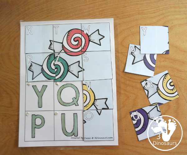 Free Candy Themed ABC Puzzles - fun letter matching puzzles for kids to match and build candy themed puzzles with letters. You will find three puzzles. - 3Dinosaurs.com