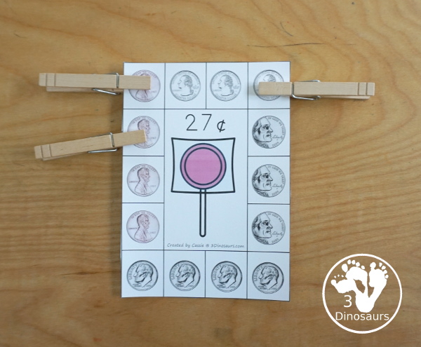 Free Candy Coin Clip Cards - 8 candy and coin clip cards with clipping the cards to match the amount for the candy - 3Dinosaurs.com