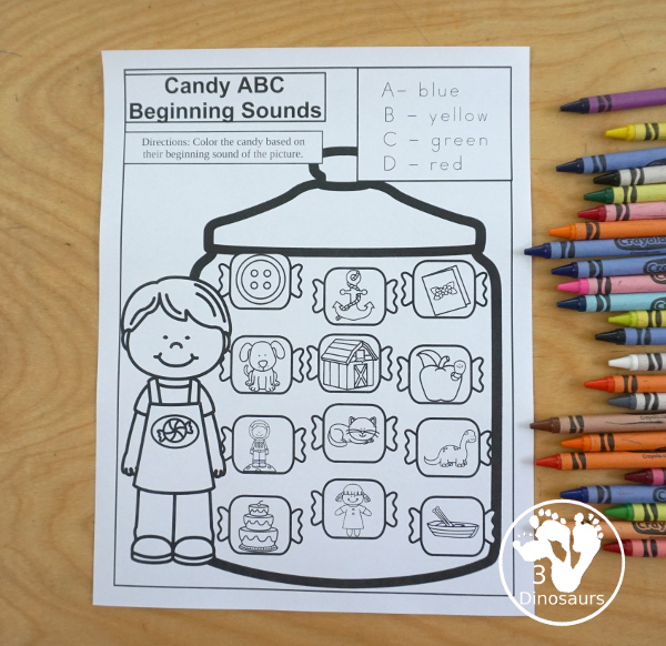 Free Candy Jar Color By Beginning Sound - 7 pages of printables with 4 letter sounds on each page for kids to find. A great no-prep beginning sounds worksheets - 3Dinosaurs.com