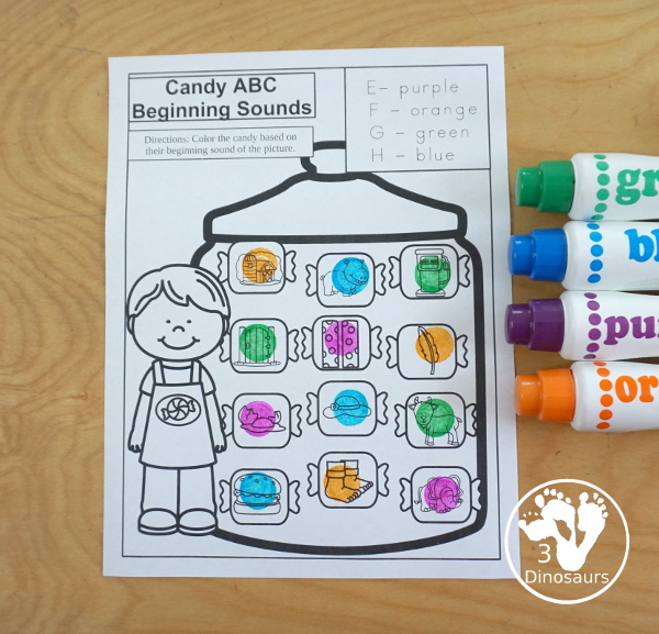 Free Candy Jar Color By Beginning Sound - 7 pages of printables with 4 letter sounds on each page for kids to find. A great no-prep beginning sounds worksheets - 3Dinosaurs.com