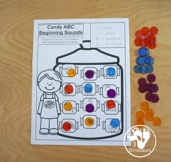 Free Candy Jar Color By Beginning Sound - 7 pages of printables with 4 letter sounds on each page for kids to find. A great no-prep beginning sounds worksheets - 3Dinosaurs.com