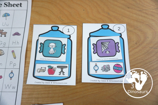 Free Candy Break the Code CVC Word Cards - 12 words to decode with matching picture and recording sheet - a fun set of printables to work on sounds of letters - 3Dinosaurs.com